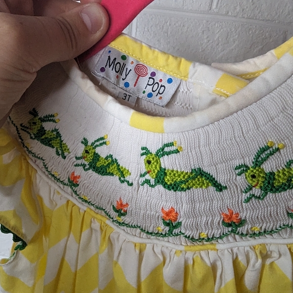 Molly Pop Smocked Grasshopper Chevron Summer Hand Smock Dress - Picture 3 of 3